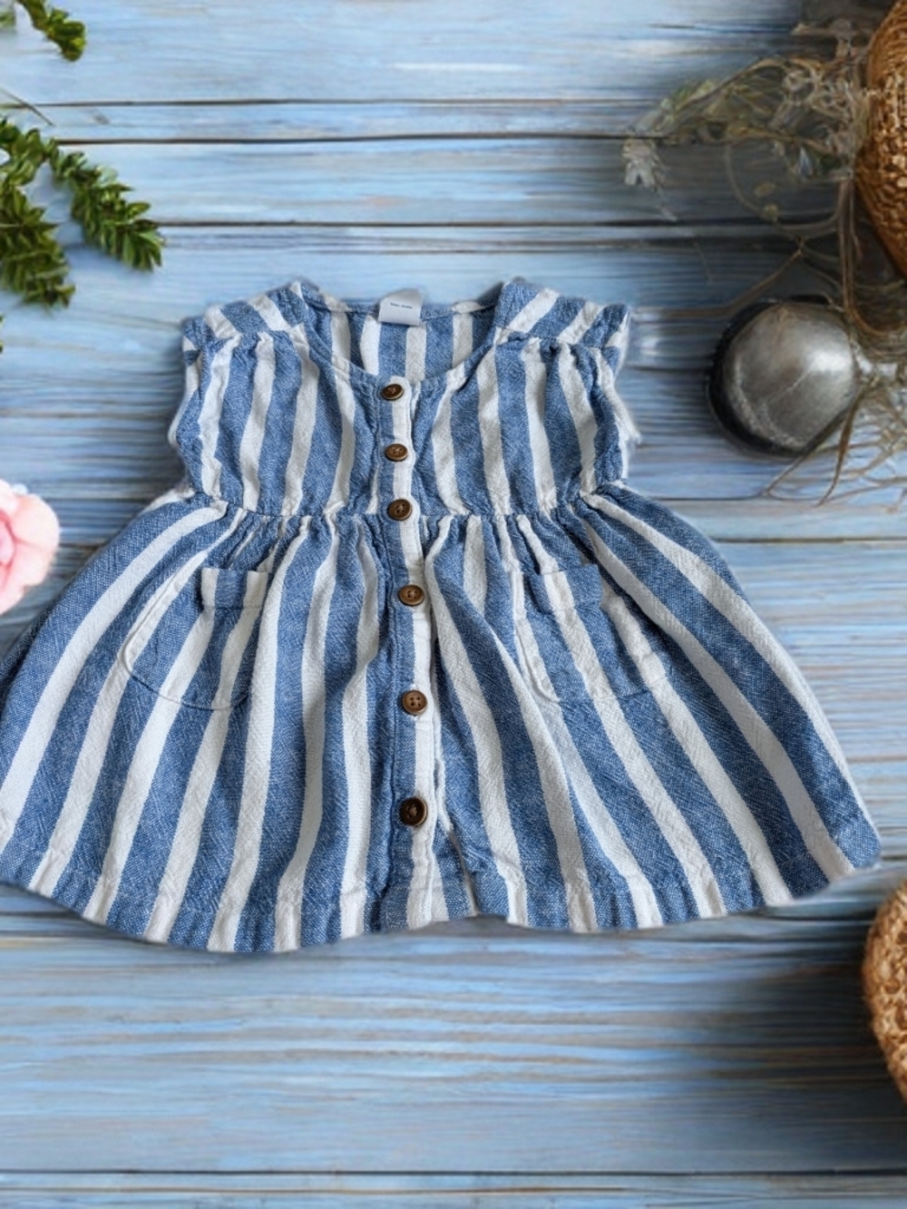 Old Navy Blue & White Striped Button-Front Linen Viscose Kids Dress